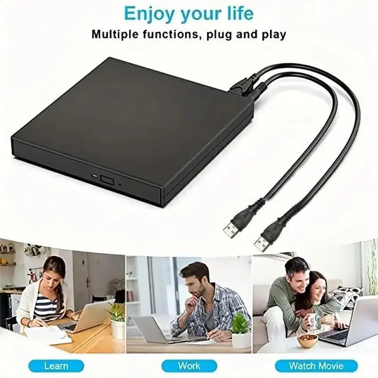 Black external CD/DVD drive with USB connection, optical player and burner for desktop and laptop PCs.