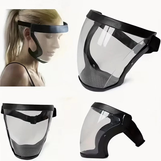 Black full-face transparent protection mask with adjustable buckle, reusable heat-resistant facial shield for safety in work and outdoor activities.