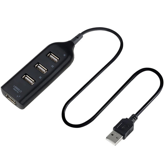 BackupMyFilesNow.com black 4-port high-speed USB 2.0 hub with cable, mini USB splitter, suitable for PC, laptop, and notebook use.