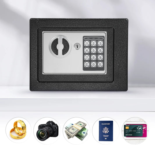 Black fireproof waterproof home safe with digital keypad, spare keys, and document bag for secure storage of valuables and documents.