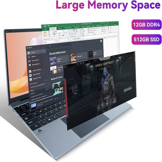 Black 15.6-inch laptop with Intel N5095 processor, 12GB RAM, 512GB SSD, IPS display, Windows 11, and long-lasting battery.