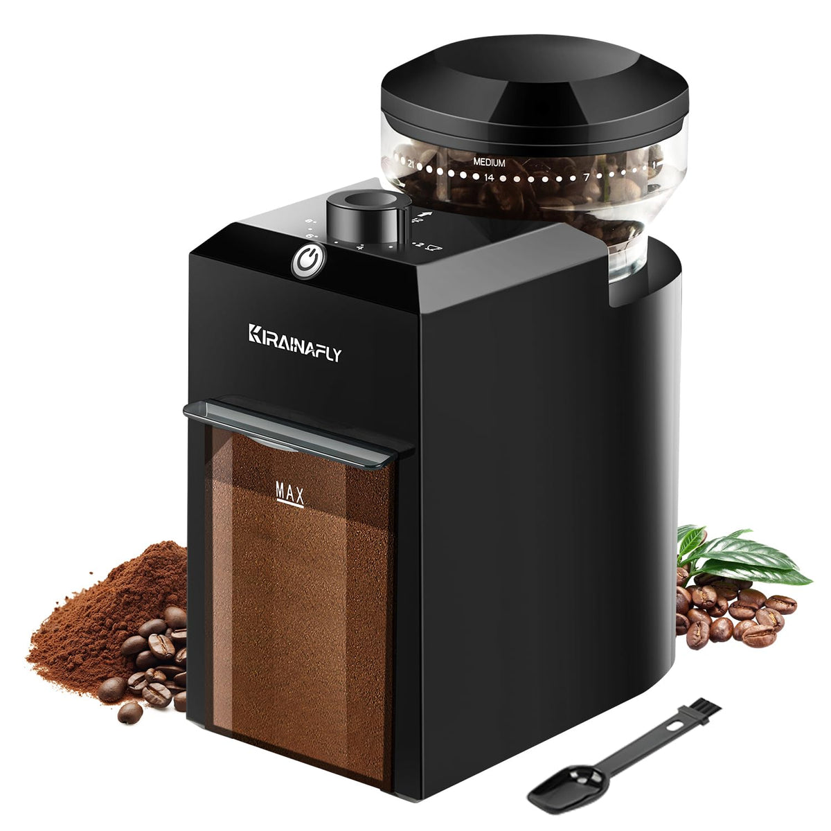 KIRAINAFLY electric burr coffee grinder in black with adjustable settings and 28 grind levels for French press, drip, and espresso brewing