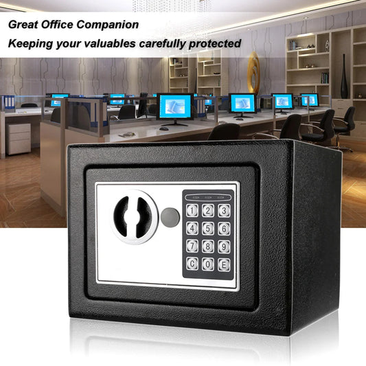 Black mini electronic safe box with digital keypad lock, all-steel construction, fireproof design, for home and office security.