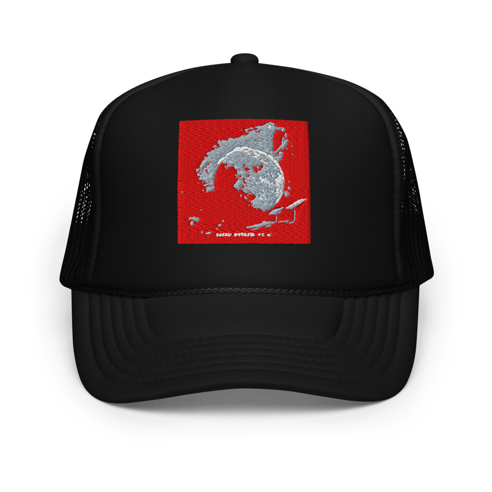 Black foam trucker hat by Otto Cap, one size, with mesh back and curved brim, branded with BackupMyFilesNow.com logo.