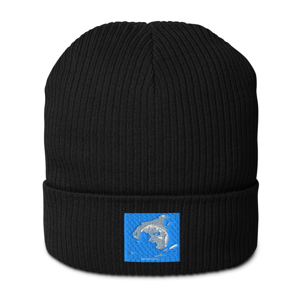 Black Organic Ribbed Beanie by Atlantis, showcasing a snug, knit design perfect for cold weather from BACKUPMYFILESNOW.COM®.
