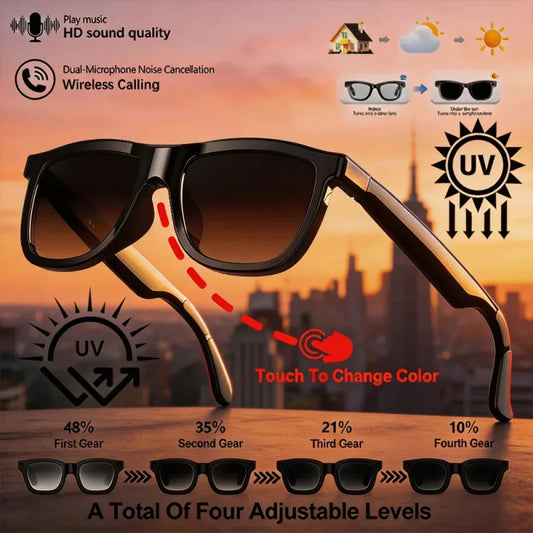 Black smart audio glasses with touch control, color-changing lenses, dual microphones, noise reduction, and Bluetooth connectivity.