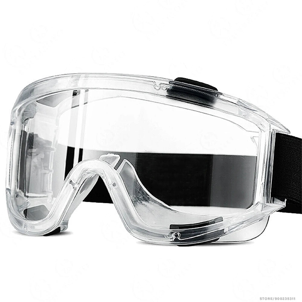 Black safety goggles with anti-splash dust-proof design, adjustable strap, protective eyewear for lab work, suitable for women and men.