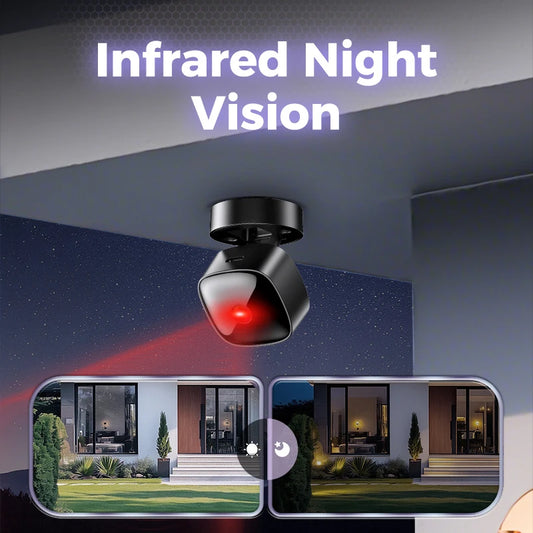 Black 4K wireless security camera with night vision, infrared surveillance, and remote monitoring for home security.