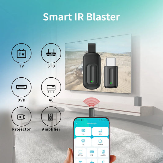 Black Smart IR Blaster USB-C and USB infrared remote adapter for TV, AC, DVD; compatible with iOS and Android devices.