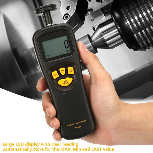 BackupMyFilesNow.com smart sensor digital tachometer displaying RPM readings on LCD backlight screen for precise rotation measurement.