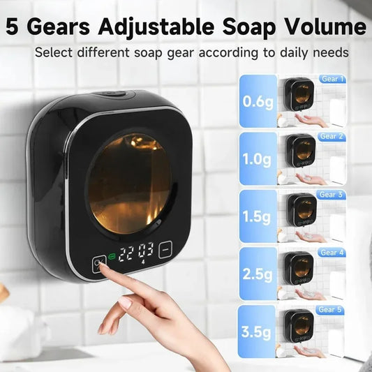 Black wall-mounted smart induction soap dispenser with infrared sensor, foam soap, and digital temperature display.