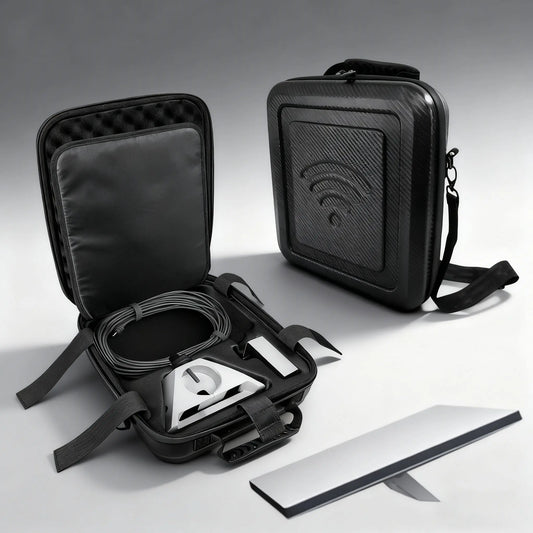 Black Starlink Mini portable case by BACKUPMYFILESNOW.COM®, lightweight EVA travel cover for compact storage and protection.