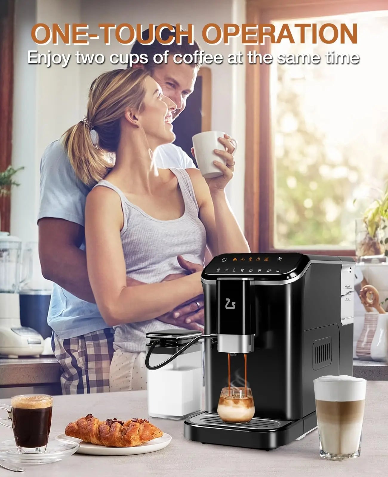 Black 20-bar espresso maker with built-in bean grinder, milk frother, and 1.5L water tank, designed for professional coffee brewing.