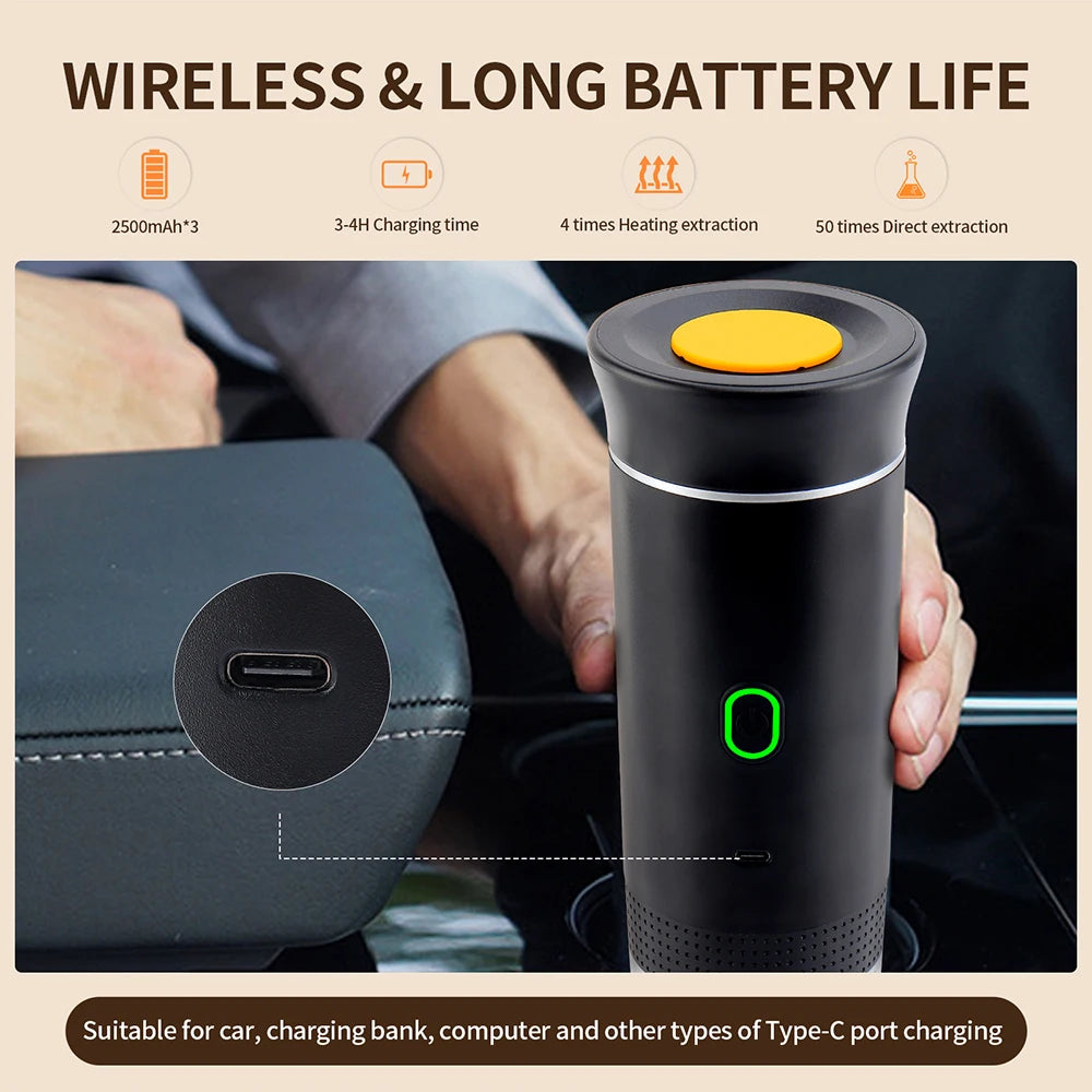 Wireless electric portable espresso coffee machine by BackupMyFilesNow.com, compact black 3-in-1 travel coffee maker for car, home, camping