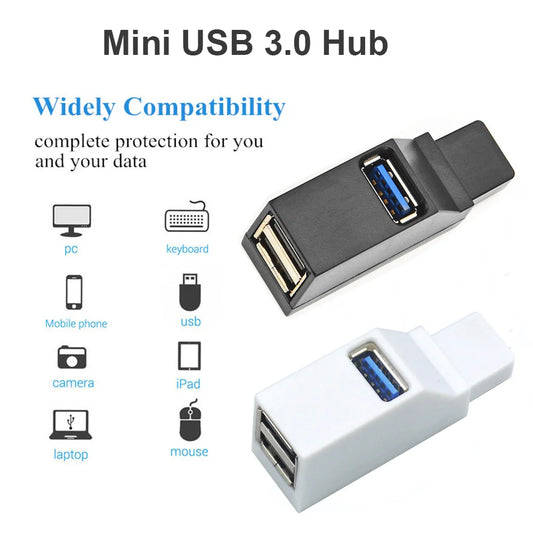 Black USB 3.0 hub adapter with 3 ports for PC or laptop, featuring high-speed USB 2.0, U disk, and card reader compatibility.
