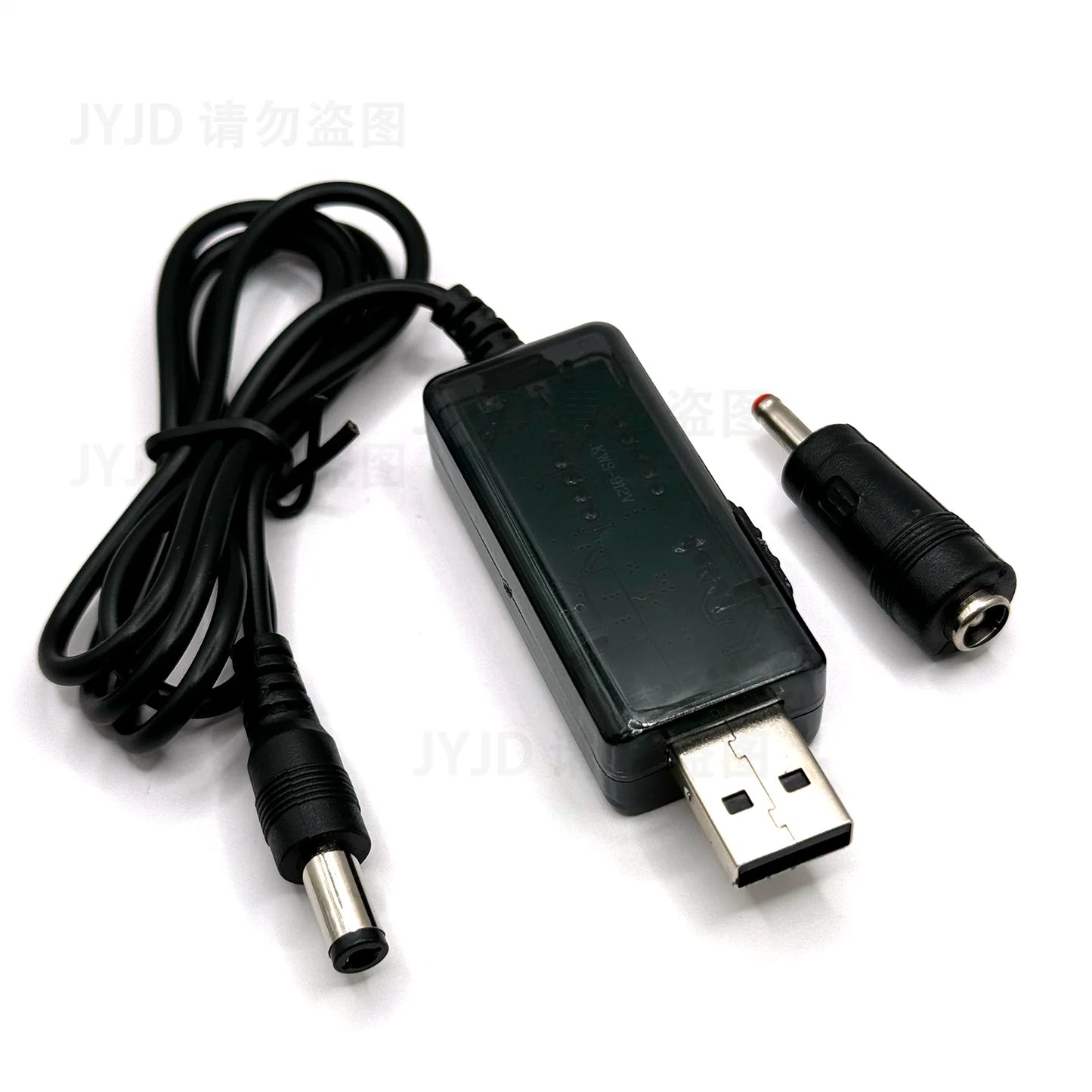 Black USB boost converter cable from BackupMyFilesNow.com, steps up DC 5V to 9V or 12V, with 3.5x1.35mm connector for power supply.