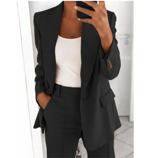 Black women's slim fit lapel cardigan by BackupMyFilesNow.com, suitable for business and daily wear, shown on a model.