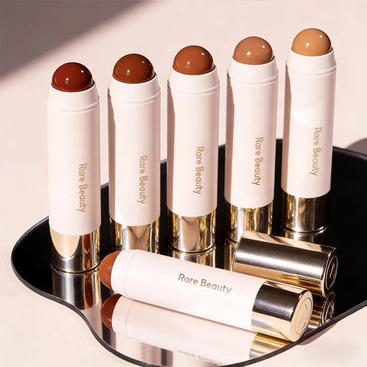Rare Beauty 3D Face Bronze Contour Stick and Soft Pinch Mashed Potato Blusher in creamy, waterproof makeup with smooth application.