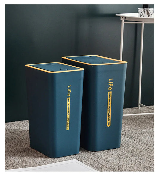Blue 15L smart bathroom trash can with cover, touchless sensor, narrow design, luxury style, ideal for modern bathroom use.