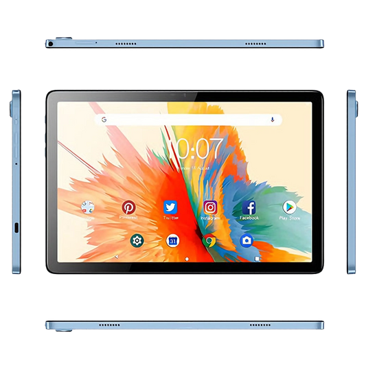 Blue 10.1-inch Android 15 tablet with 12GB RAM, 512GB storage, Octa Core processor, 5G, dual SIM, and capacitive touch screen.