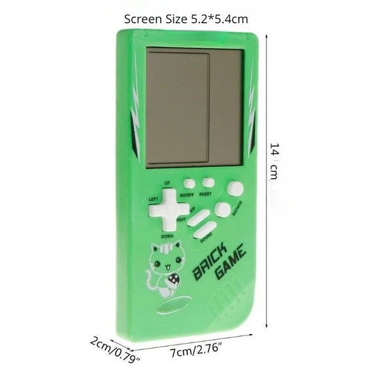 Blue classic handheld game machine for kids with music playback and retro-style games, compact gaming console toy.