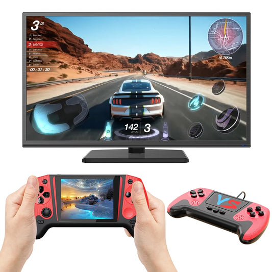 Blue portable gaming console with 3.5-inch LCD screen, built-in 500 nostalgic games for kids and adults, suitable for two players.