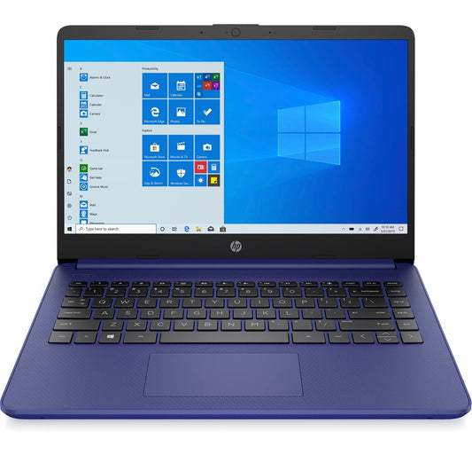 Blue HP Laptop 14-dq0005dx with 14" HD display, Intel Celeron N4020, 4GB RAM, 64GB eMMC, HDMI, Bluetooth, Windows 10 Home.