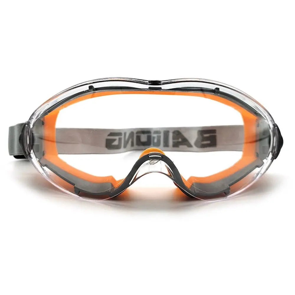 Blue industrial safety goggles with clear anti-fog lenses, designed to fit over glasses for eye protection for men and women.