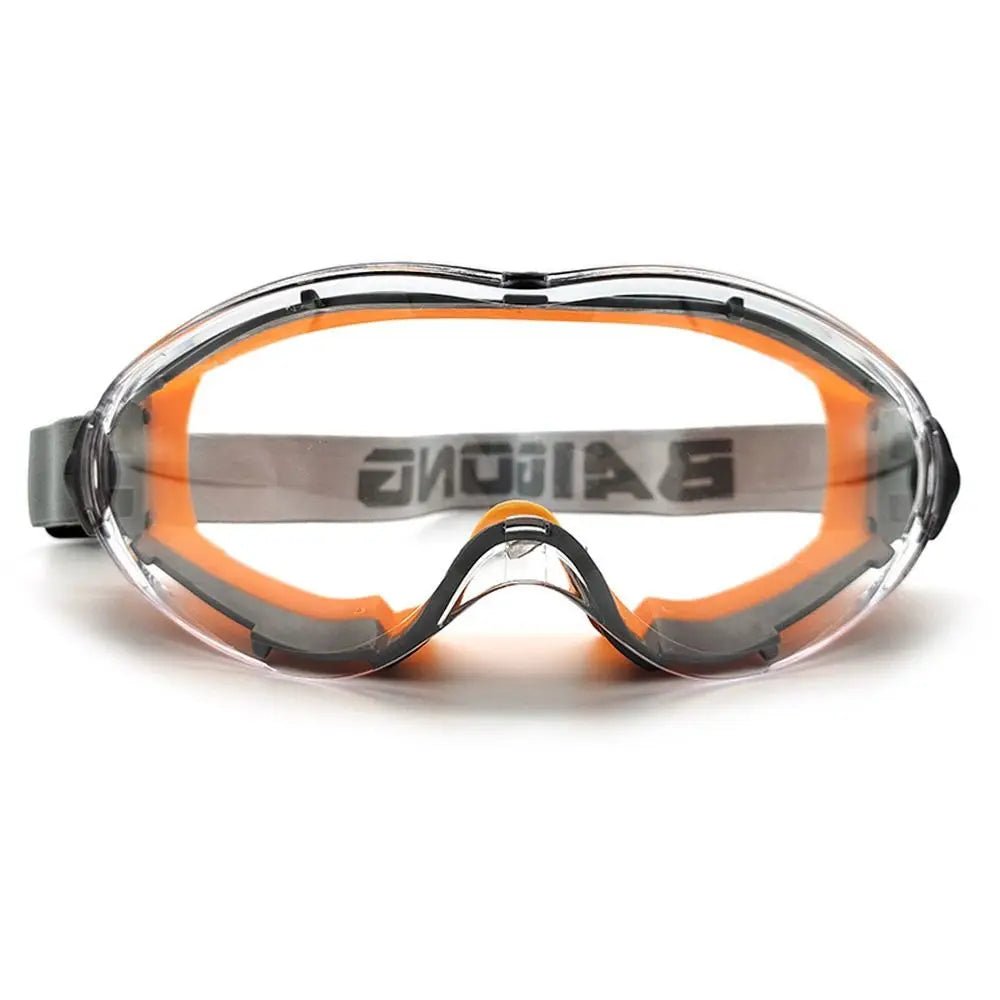 Blue industrial safety goggles with clear anti-fog lenses, designed to fit over glasses for eye protection in lab environments.
