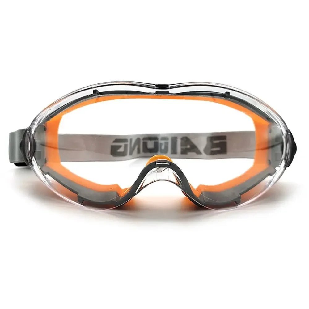 Industrial-grade safety goggles with clear anti-fog lenses for men and women, designed to fit over glasses for eye protection.