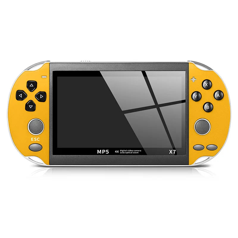 Blue and red portable handheld gaming console with retro arcade design, featuring a small screen and control buttons for retro gaming.