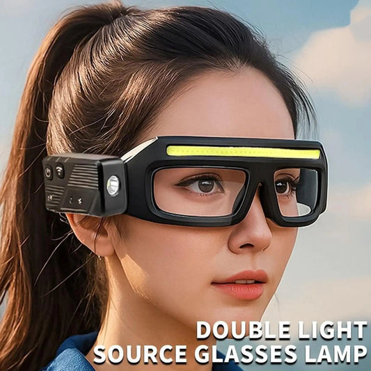 Blue safety sports glasses with LED light, anti-fog dust-proof goggles for night riding, suitable for men and women, clear vision.