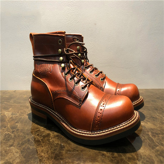 Brown leather mid-top men's high-top boots with stylish design, featuring sturdy soles and ankle support.