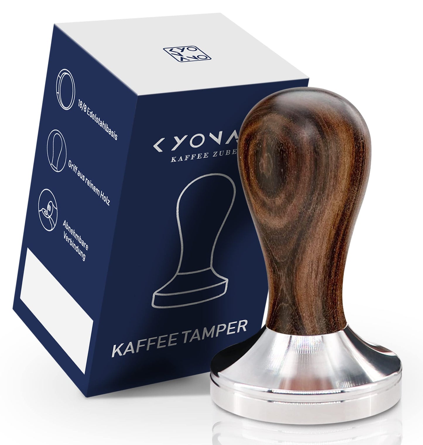 KYONANO 58mm coffee distributor and tamper with stainless steel base and black wooden handle for espresso machines.
