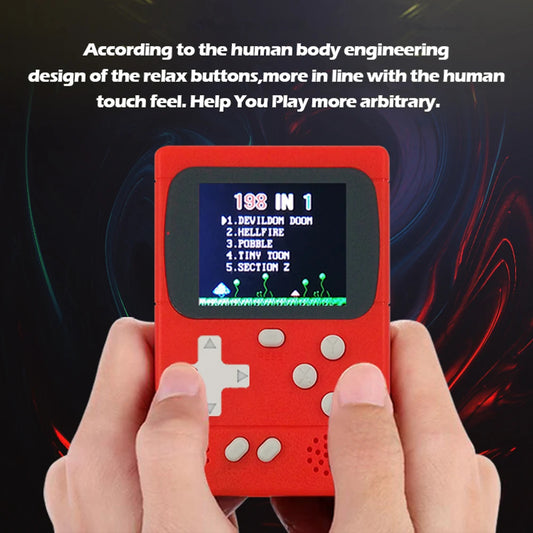 GAMINJA GC36 retro handheld video game console with 2.4-inch color screen and 198 built-in 8-bit games for children.
