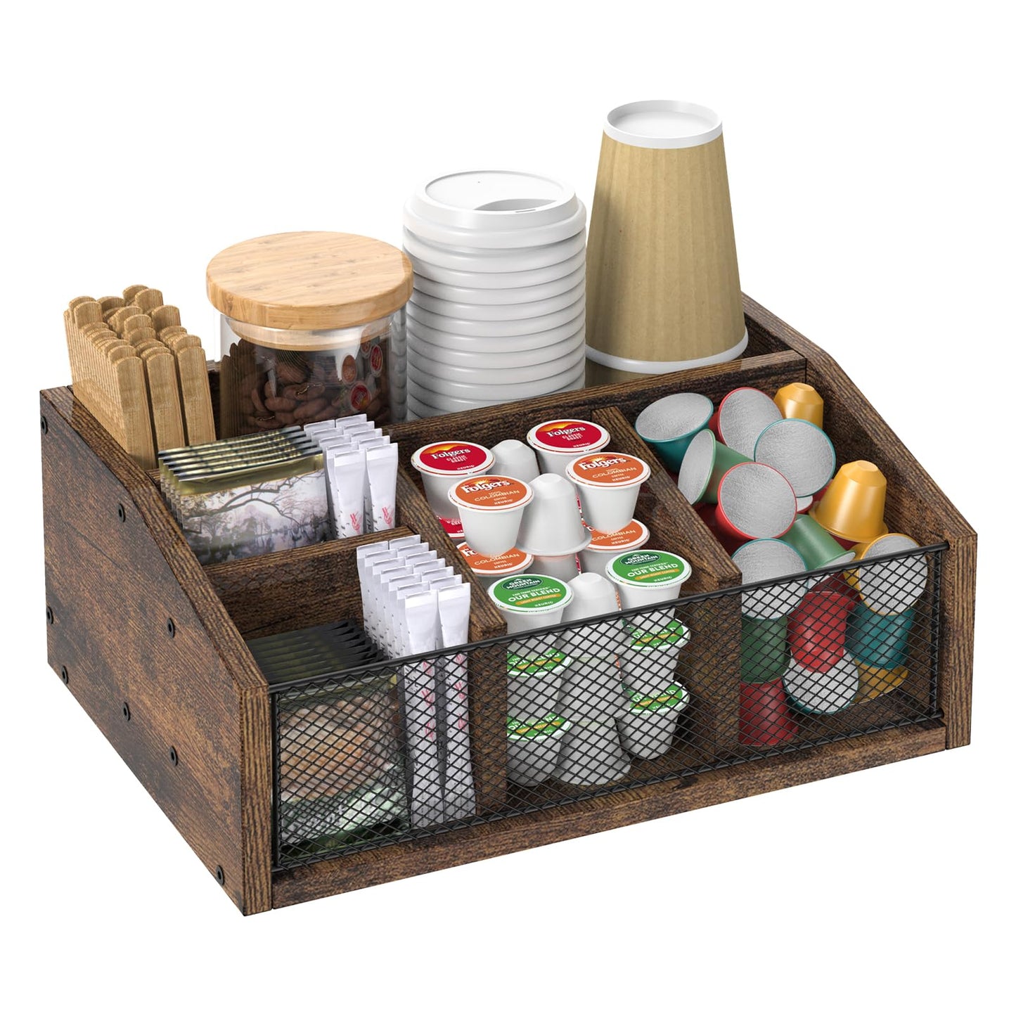 Rustic wooden NOVIMANGO coffee bar station organizer with compartments for coffee, tea, condiments, and cup storage on a counter.