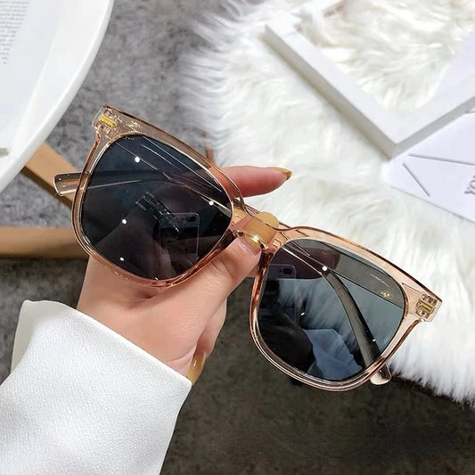 Vintage square sunglasses for women with brown frames, luxury designer look, UV400 protection, trendy streetwear style.
