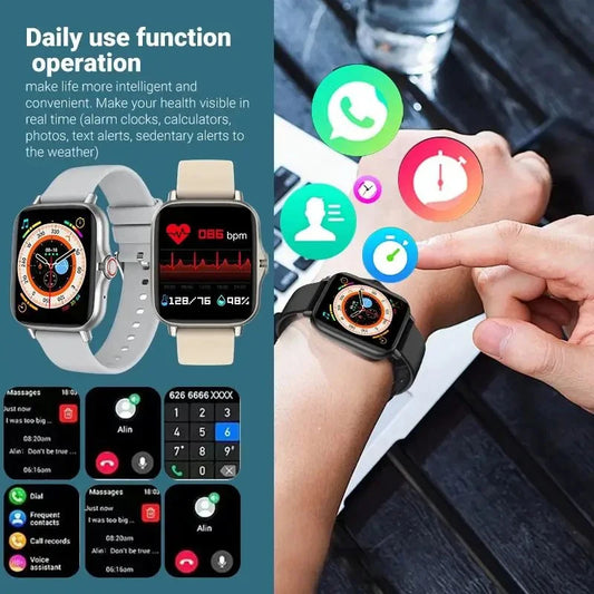 Silver steel 2024 smart watch with 1.44-inch color screen, Bluetooth call, blood oxygen and pressure monitoring for women and men.