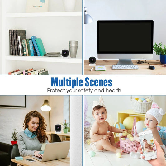 4K Mini WiFi security camera with remote monitoring, 2-way audio, motion detection, cloud storage, compact design, and surveillance features.