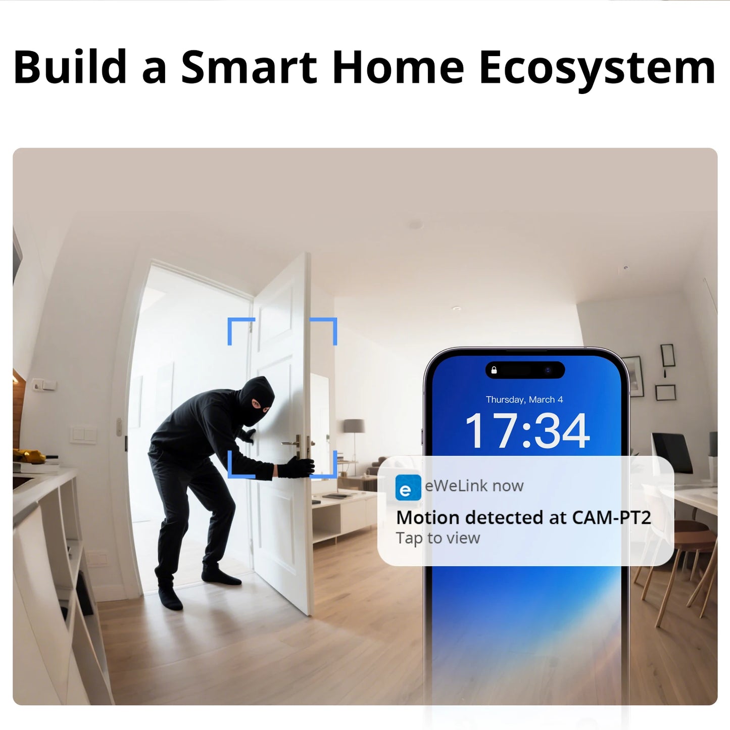 SONOFF CAM PT2 smart home security camera with 360° panoramic view, night vision, HD remote monitoring, and real-time interaction.