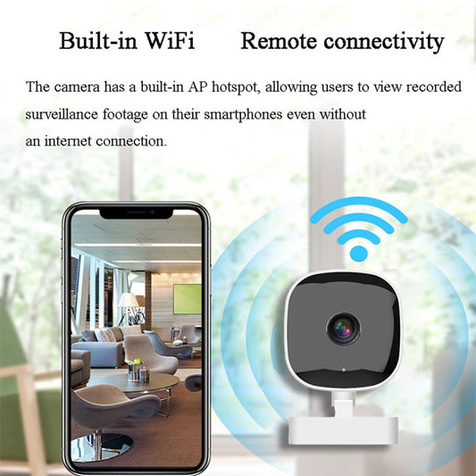 HD WiFi security camera with 64GB card, remote monitoring, 2-way audio, cloud storage, and motion detection for surveillance.