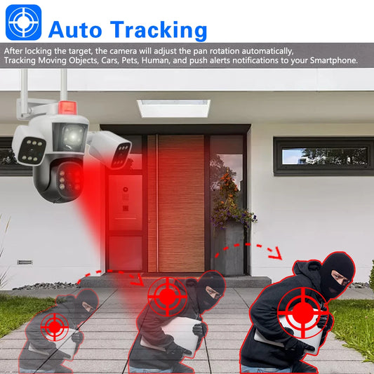 BackupMyFilesNow.com outdoor WiFi security camera with 16MP 8K HD video, 360° view, 4 lenses, and multi-screen display.