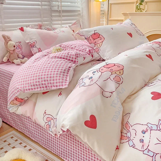 Cute bunny cartoon bed sheet set for kids, breathable and durable queen/king bedding with playful printed design.