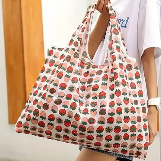 Large washable grocery bag by BackupMyFilesNow.com, foldable, portable shopping bag with colorful printed design and hand-held storage.