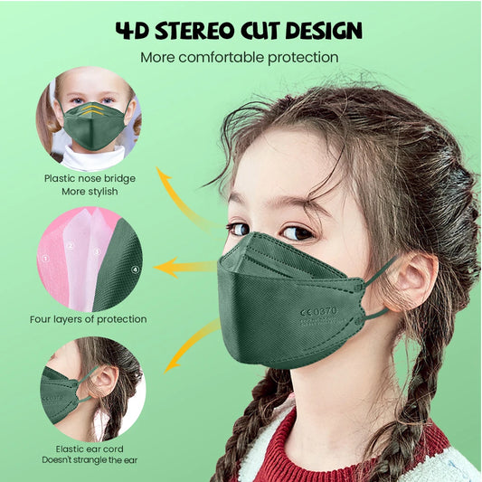 Set of 10-200 white kids' KN95 masks with 4-layer protection, dustproof face masks for boys and girls aged 6-14.