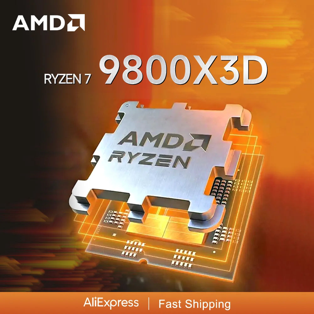 AMD Ryzen 7 9800X3D gaming CPU processor with 8 cores, 16 threads, 5.2 GHz, socket AM5, without cooler, high-performance design.