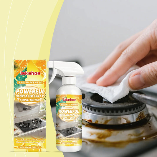 Heavy Duty Kitchen Grease Cleaner Spray by BACKUPMYFILESNOW.COM®, shown in a sparkling kitchen setting, professional-strength degreasing spray.