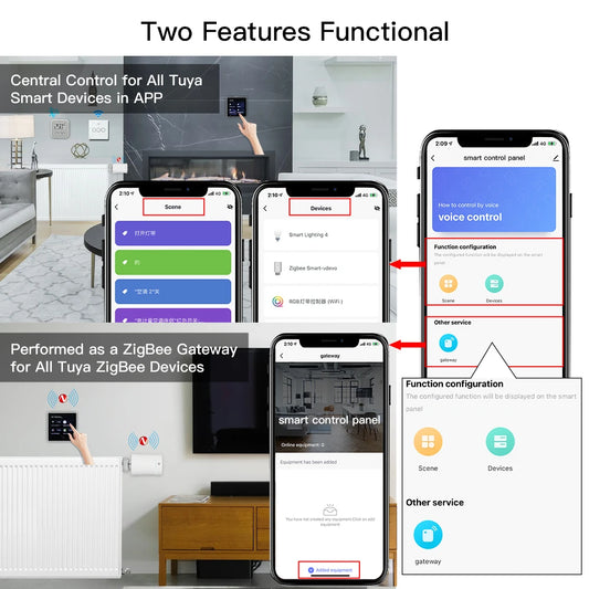 Tuya Smart Life 4-inch touch screen control panel for home automation with ZigBee hub, managing intelligent scene devices.