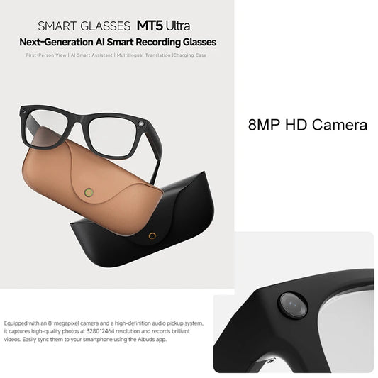 BackupMyFilesNow.com smart glasses with clear lenses, 800W camera, translation feature, leather charging box, and first-person perspective.