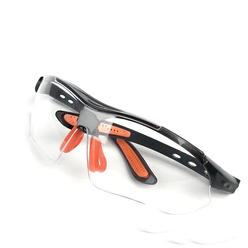 Grey cycling goggles by BACKUPMYFILESNOW.COM® with windproof, sandproof, anti-splash vents, ideal for outdoor riding and lab safety.